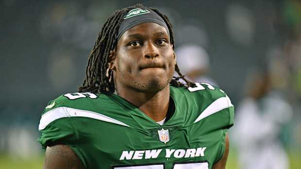 Aug 12, 2022; Philadelphia, Pennsylvania, USA; New York Jets linebacker Quincy Williams (56) against the Philadelphia Eagles at Lincoln Financial Field.